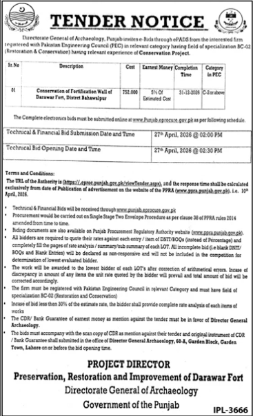 Conservation of Fortification Wall of Darawar Fort, District Bahawalpur - Directorate General of Archaeology, Government of the Punjab